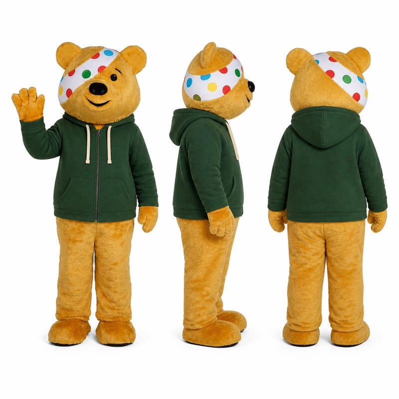 Bear Mascot Costume in Tan with Green Hoodie Adult