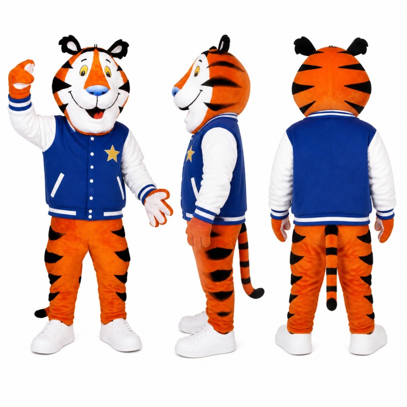 Tiger Mascot Costume in Orange with Blue Varsity Jacket Adult
