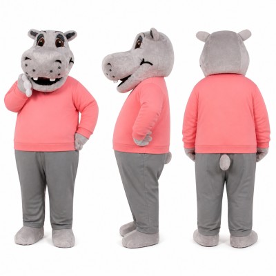 Hippopotamus Mascot Costume in Gray with Pink Shirt Adult