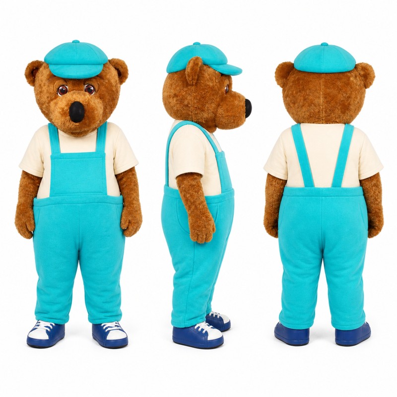 Bear Mascot Costume in Brown with Turquoise Overalls Adult
