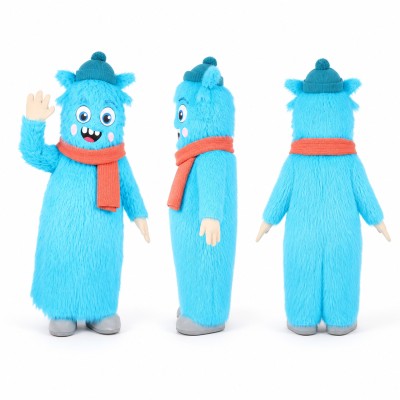 Furry Monster Mascot Costume in Blue with Red Scarf Adult