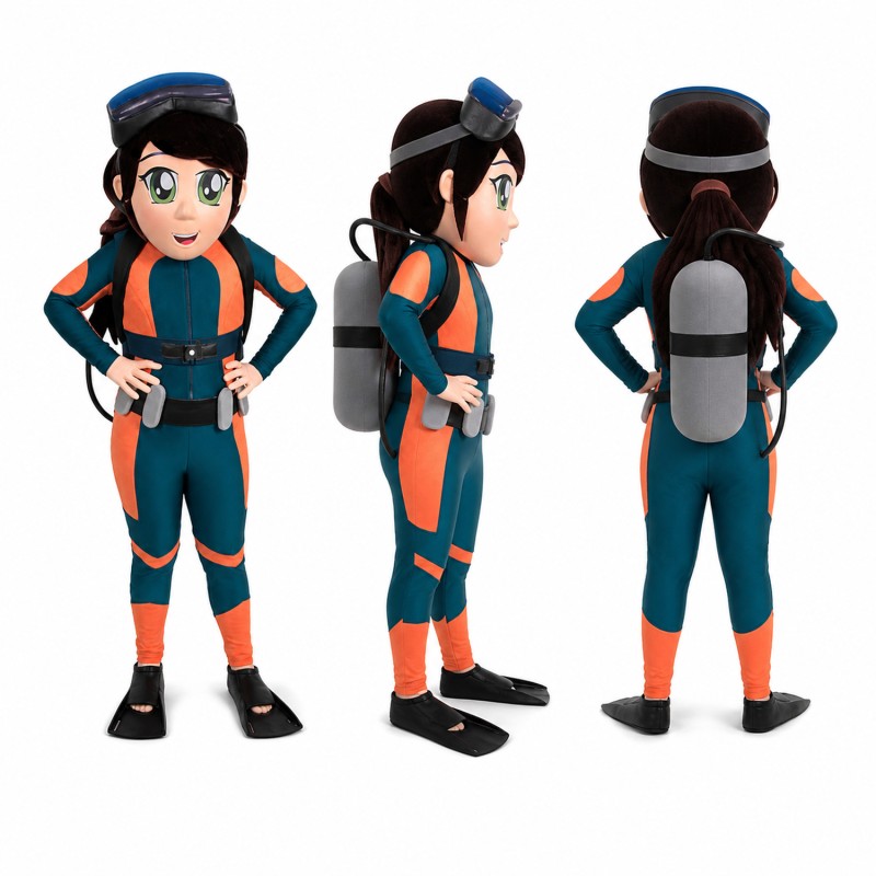 Female Racing Driver Mascot Costume in Black and Orange Adult
