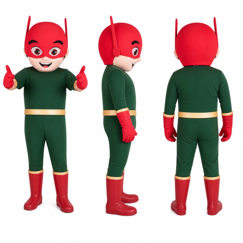 Red Superhero Mascot Costume with Green Suit Adult