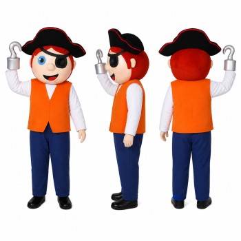 Pirate Boy Mascot Costume with Orange Vest and Black Hat Adult