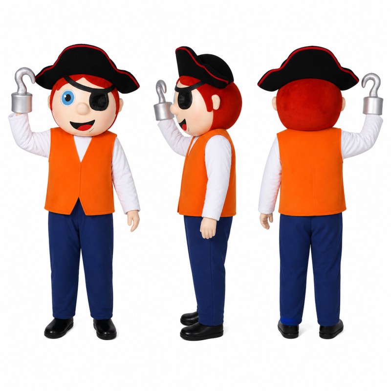 Pirate Boy Mascot Costume with Orange Vest and Black Hat Adult