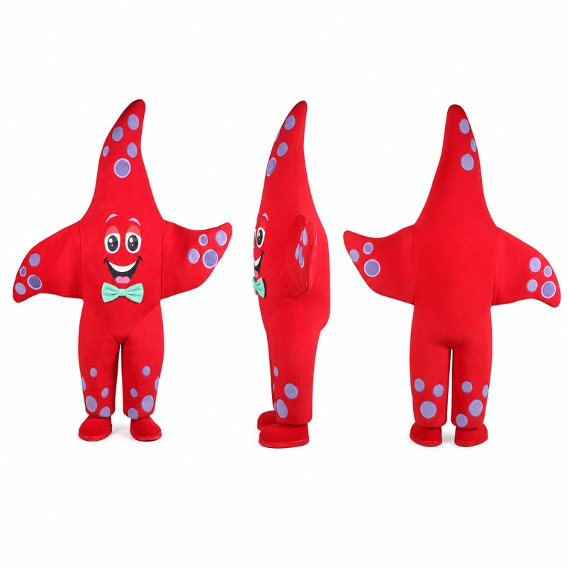 Starfish Mascot Costume in Red with Blue Spots Adult