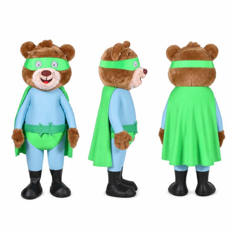 Bear Superhero Mascot Costume in Brown and Mint Adult