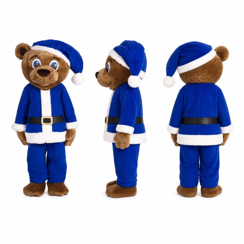 Bear Mascot Costume in Brown with Blue Uniform Adult