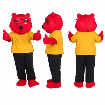 Bear Mascot Costume in Red with Yellow Shirt Adult