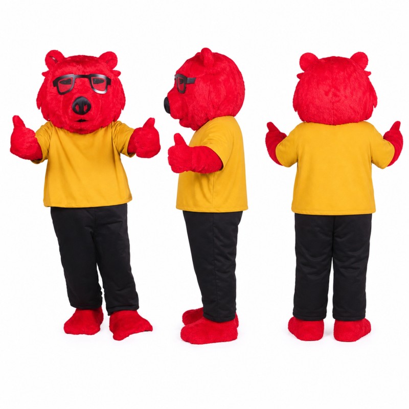 Bear Mascot Costume in Red with Yellow Shirt Adult