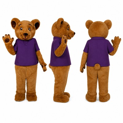 Bear Mascot Costume in Brown with Purple Shirt Adult