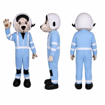 Spotted Dog Racing Driver Mascot Costume in White and Blue Adult