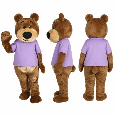 Bear Mascot Costume in Brown with Lavender Shirt Adult