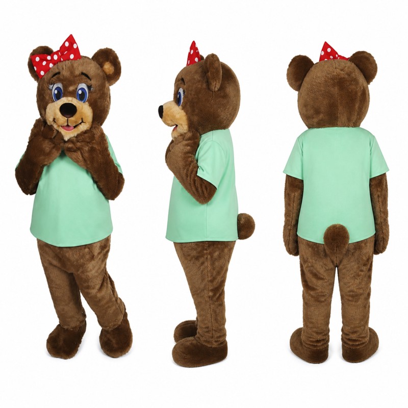 Female Bear Mascot Costume in Brown with Mint Shirt Adult