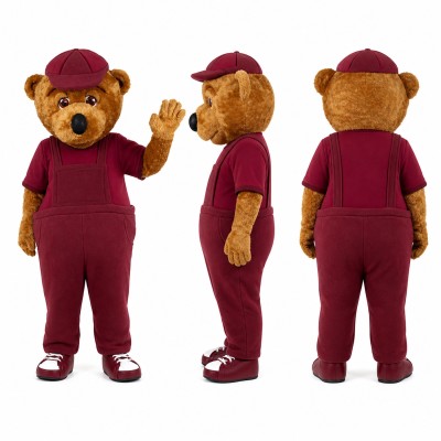 Bear Mascot Costume in Brown with Burgundy Overalls Adult