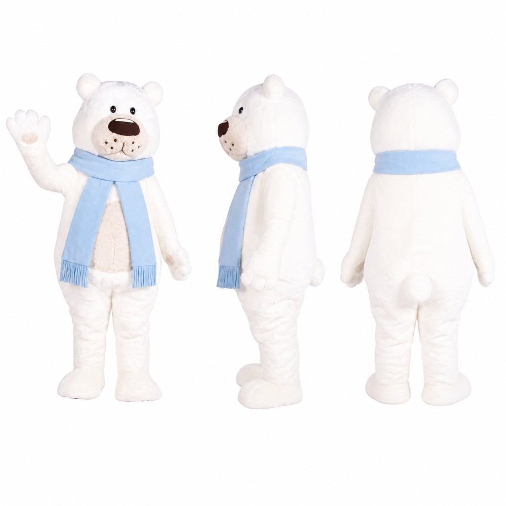 Polar Bear Mascot Costume in White with Blue Scarf Adult