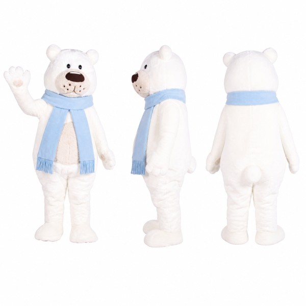 Polar Bear Mascot Costume in White with Blue Scarf Adult