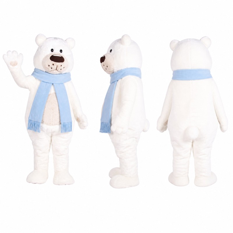 Polar Bear Mascot Costume in White with Blue Scarf Adult