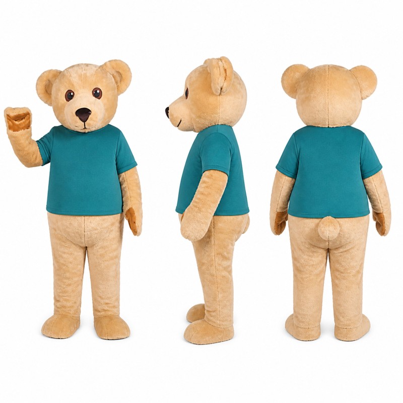 Tan Bear Mascot Costume with Teal Shirt Adult