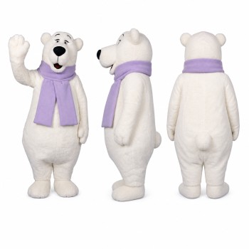 Polar Bear Mascot Costume in White with Lavender Scarf Adult