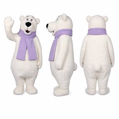 Polar Bear Mascot Costume in White with Lavender Scarf Adult