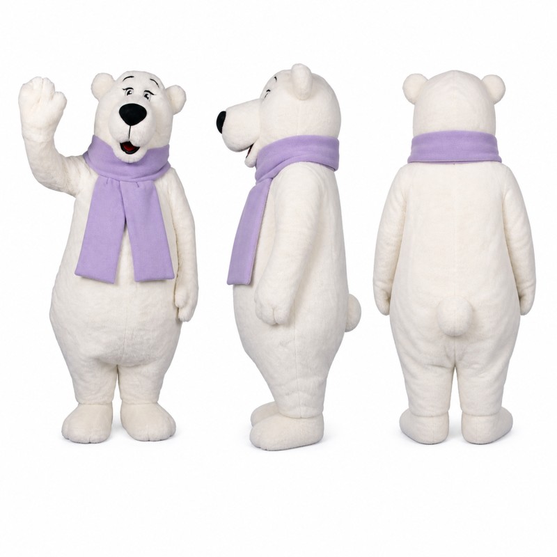 Polar Bear Mascot Costume in White with Lavender Scarf Adult