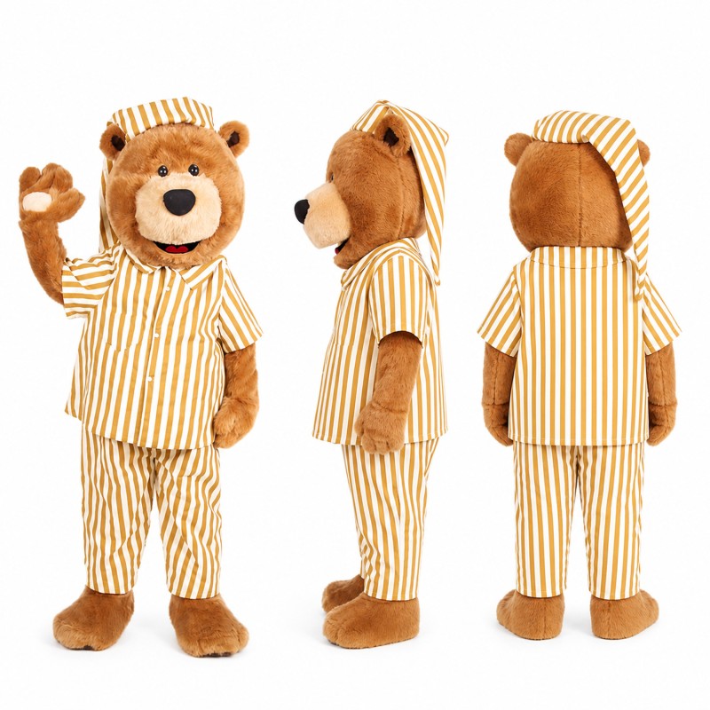 Bear Mascot Costume in Brown with Orange Striped Pajamas Adult