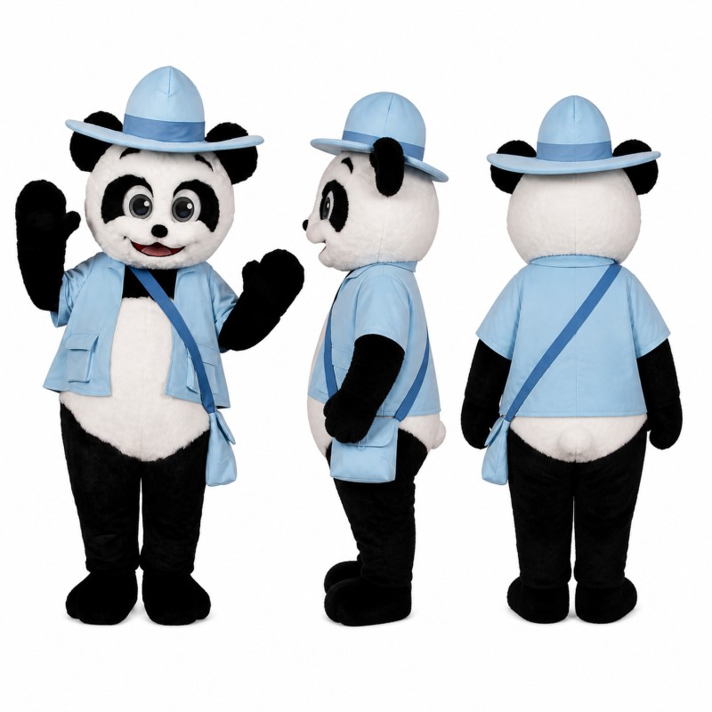 Panda Mascot Costume in Black and White with Blue Vest Adult