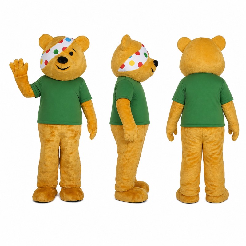 Bear Mascot Costume in Tan with Green Shirt Adult