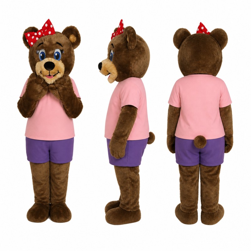 Female Bear Mascot Costume in Brown with Pink Shirt Adult