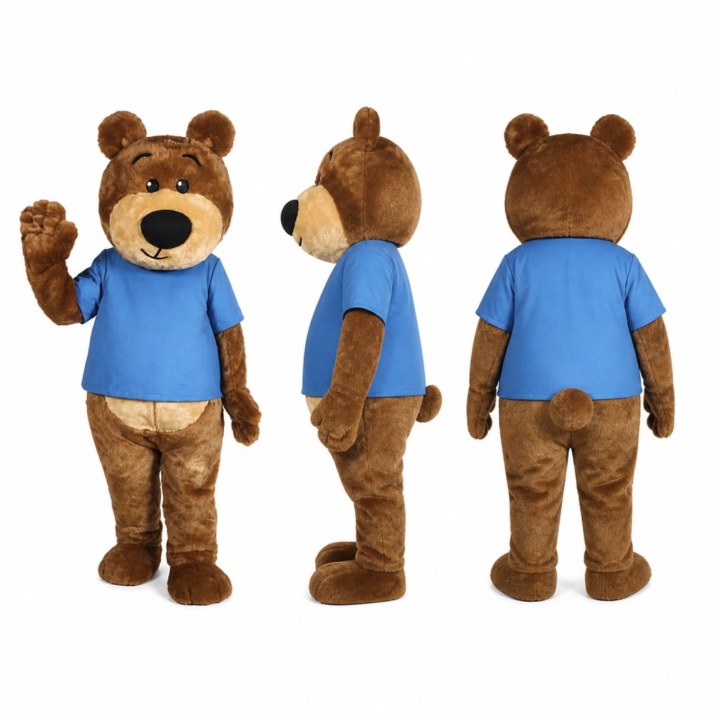Bear Mascot Costume in Brown with Blue Shirt Adult Bear Mascot Costume in Brown with Blue Shirt Adult