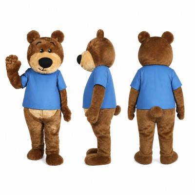 Bear Mascot Costume in Brown with Blue Shirt Adult
