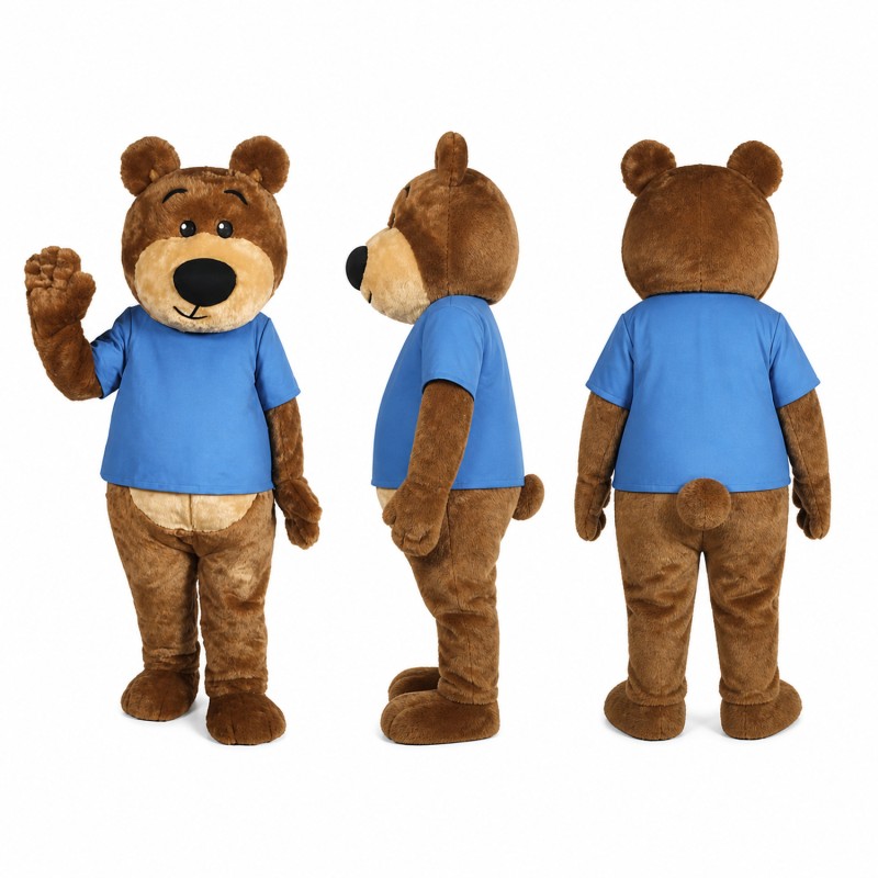 Bear Mascot Costume in Brown with Blue Shirt Adult