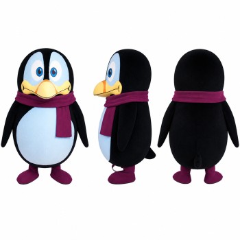 Penguin Mascot Costume in Black and Blue with Purple Scarf Adult