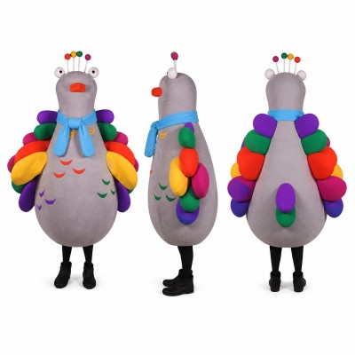 Turkey Mascot Costume in Gray with Colorful Feathers Adult