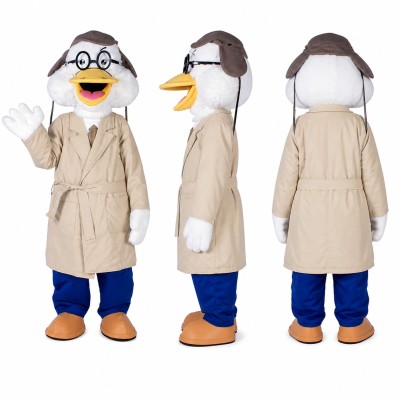 Duck Detective Mascot Costume with Beige Trench Coat Adult