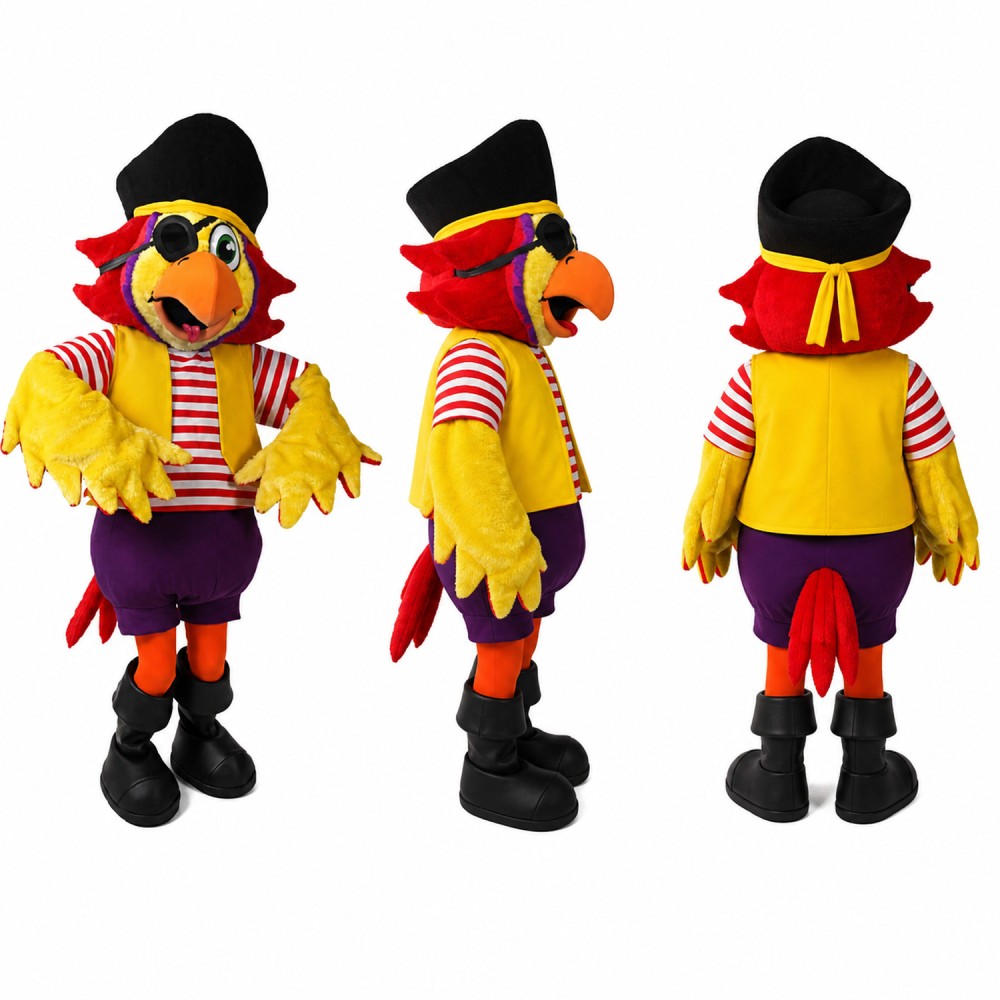 Pirate Parrot Mascot Costume with Black Hat and Striped Shirt Adult Pirate Parrot Mascot Costume with Black Hat and Striped Shirt Adult