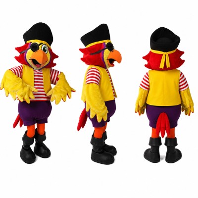 Pirate Parrot Mascot Costume with Black Hat and Striped Shirt Adult