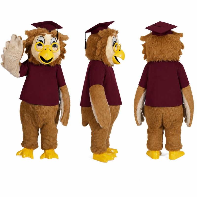 Graduate Owl Mascot Costume in Brown with Burgundy Gown Adult