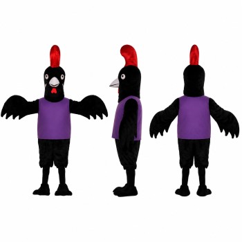 Rooster Mascot Costume in Black with Purple Shirt Adult