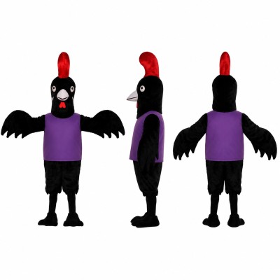 Rooster Mascot Costume in Black with Purple Shirt Adult