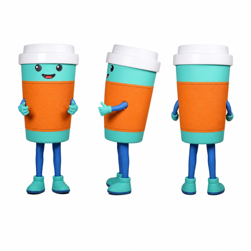 Coffee Cup Mascot Costume in Orange and Teal Adult
