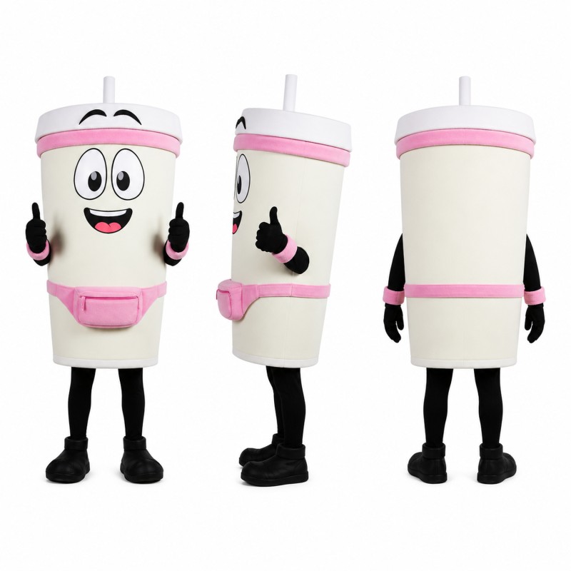Beverage Cup Mascot Costume in White and Pink Adult