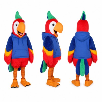 Parrot Mascot Costume in Red and Blue with Navy Hoodie Adult
