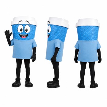 Drink Cup Mascot Costume in Blue with Light Blue Shirt Adult