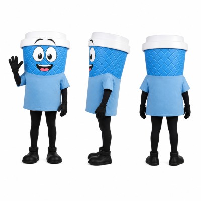 Drink Cup Mascot Costume in Blue with Light Blue Shirt Adult
