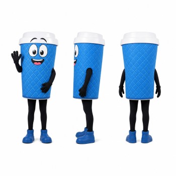 Drink Cup Mascot Costume in Textured Blue with White Lid Adult