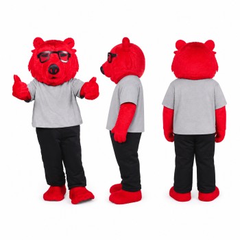 Bear Mascot Costume in Red with Gray Shirt Adult