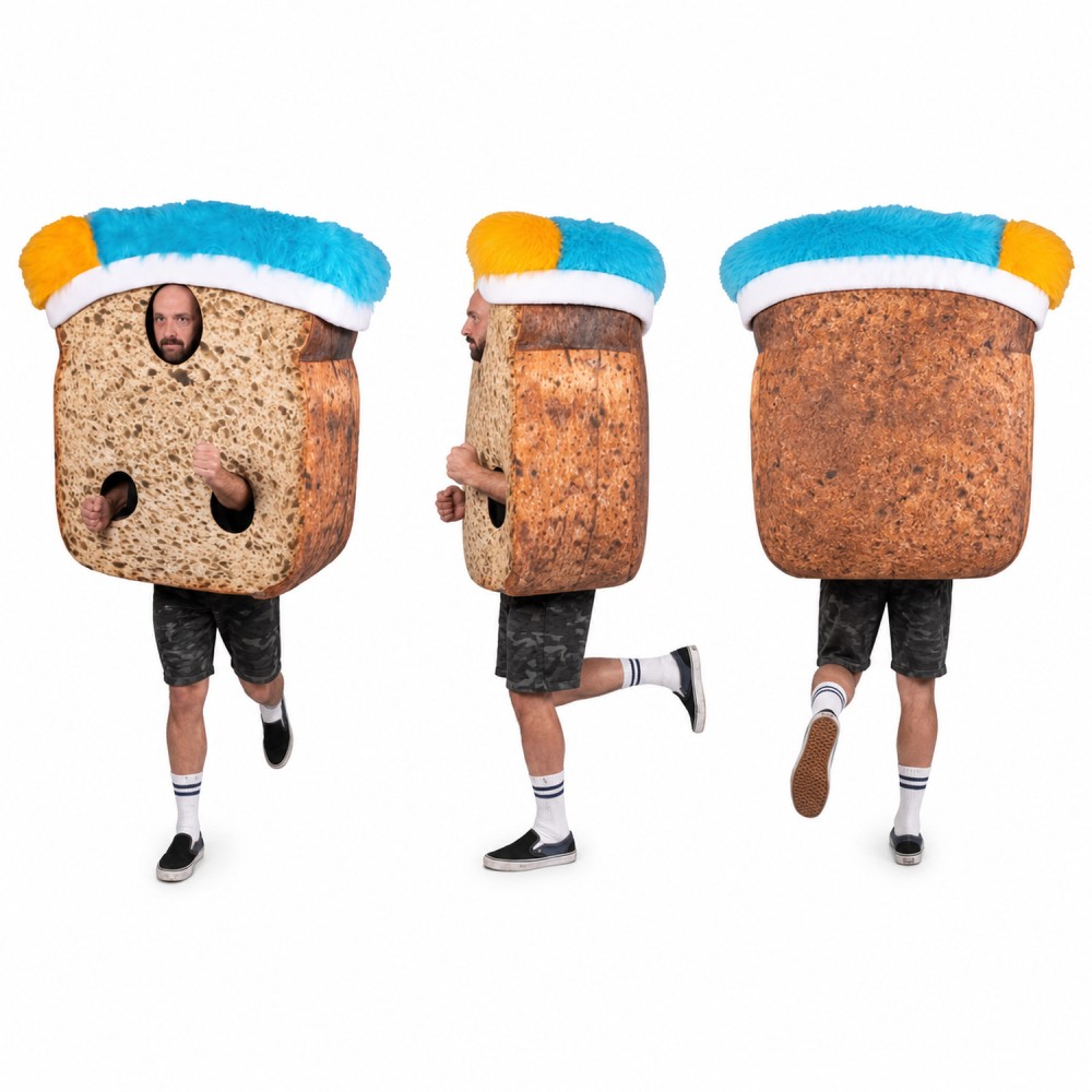 Bread Slice Mascot Costume in Brown with Blue Headband Adult