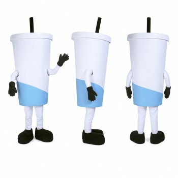 Drink Cup Mascot Costume in White with Blue Band Adult